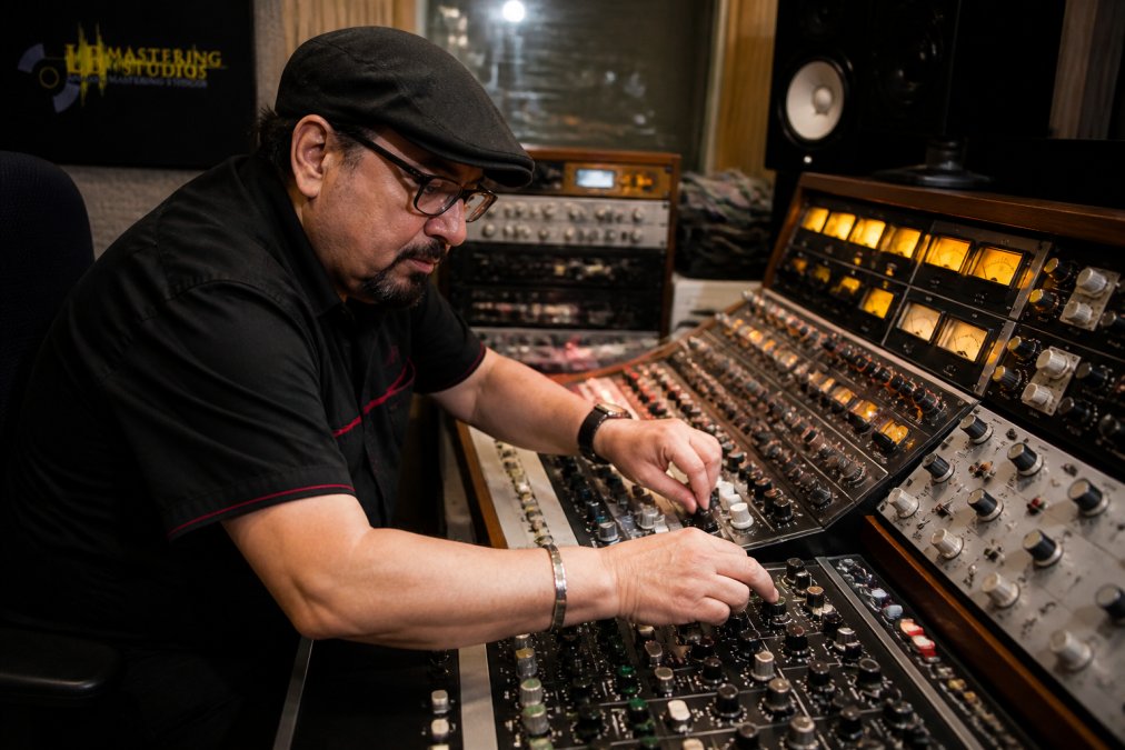 Audio engineer's hands carefully adjusting analog hardware knobs and faders on a mixing console during an active mixing session, with LED meters glowing and studio monitors visible in soft overhead lighting