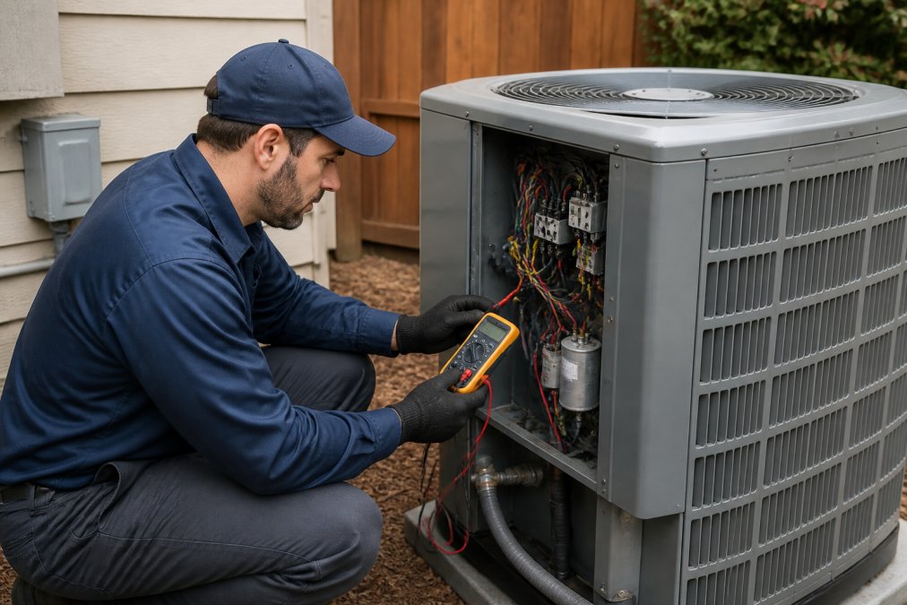 HVAC technician using a digital multimeter to perform an annual AC maintenance check on an outdoor unit.