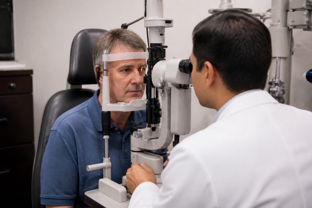 Eye doctor using a slit lamp to perform comprehensive eye exams on a patient in a modern clinic