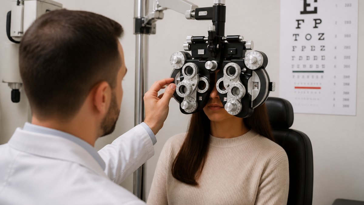 Optometrist performing comprehensive eye exam on patient using phoropter in modern clinical setting with professional lighting and eye chart visible