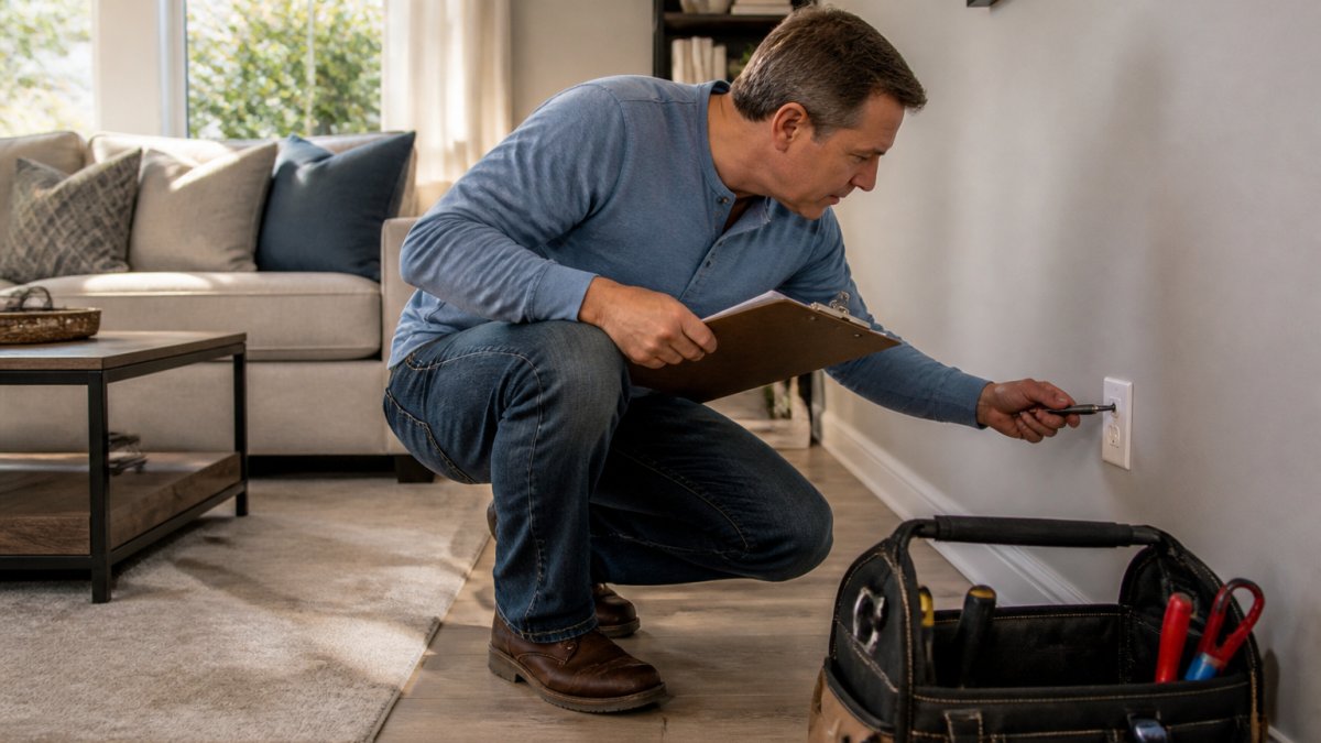 A homeowner in casual clothes holding a clipboard and inspecting a wall outlet in a bright living room, with a toolbox nearby