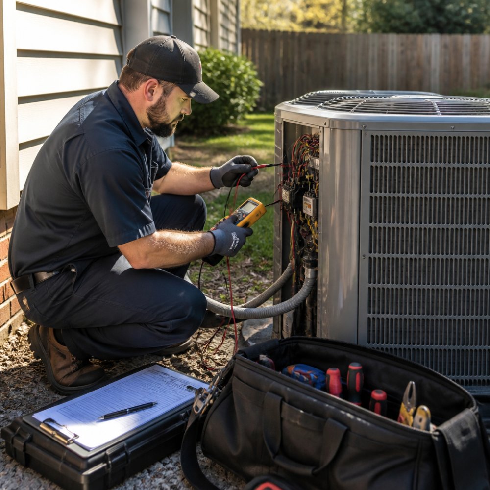 Licensed HVAC technician testing electrical components on an outdoor unit during HVAC maintenance plans service