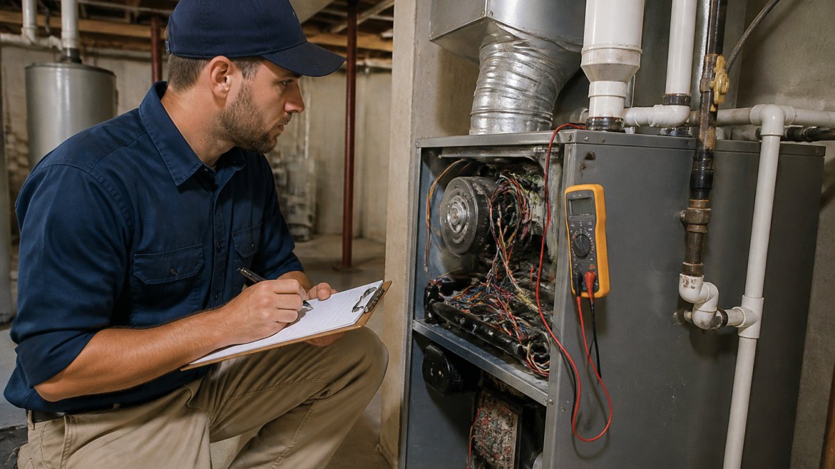 HVAC technician inspecting a furnace with a multimeter for annual HVAC maintenance in a residential basement