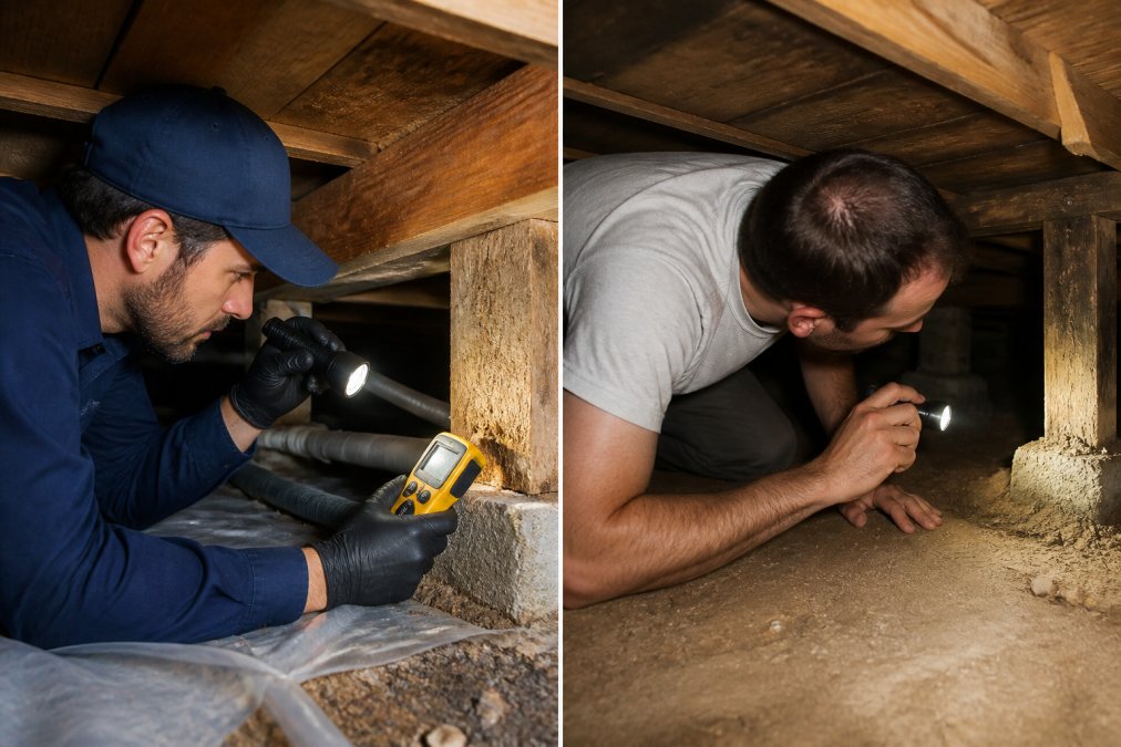 Licensed pest control technician in uniform using a moisture meter and inspection tools to examine wooden framing in a crawl space, with a flashlight illuminating the inspection area