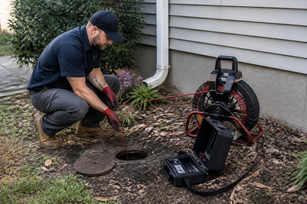 Licensed plumber using a camera probe for sewer line maintenance at an access point.