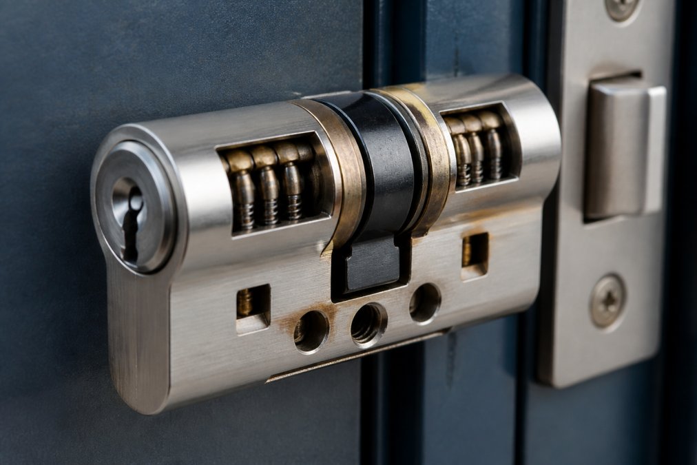 Close-up of a modern anti-snap euro cylinder installed in a door lock mechanism, showing reinforced internal components and visible security features distinguishing it from standard cylinders