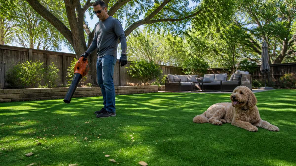 A homeowner using a leaf blower to clear debris from a lush green artificial lawn in a sunny backyard, with a dog resting nearby on the clean turf
