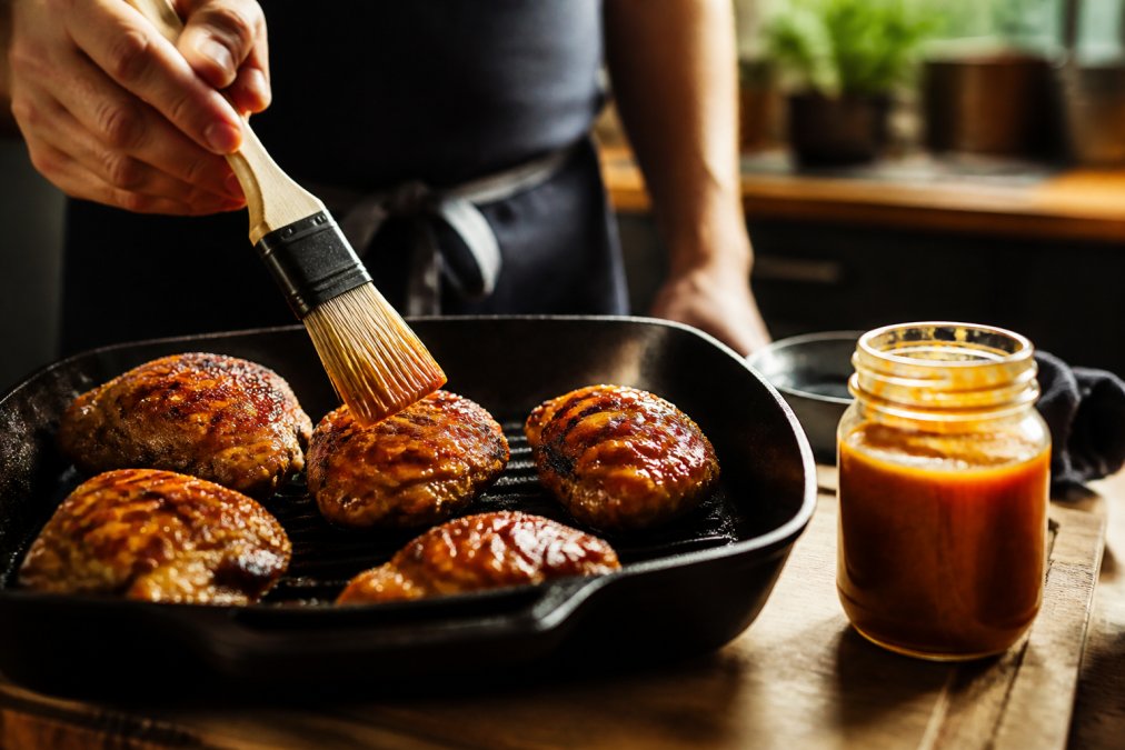 A home cook glazing chicken thighs with a pastry brush on a cast-iron grill pan, an open jar of amber artisan hot sauce nearby, warm evening light across the kitchen counter