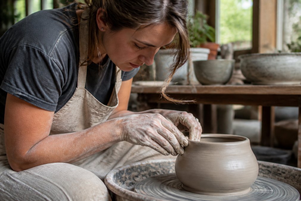 Close-up of an artisan's hands carefully shaping clay on a pottery wheel, with natural studio light illuminating the detailed craftsmanship and texture work
