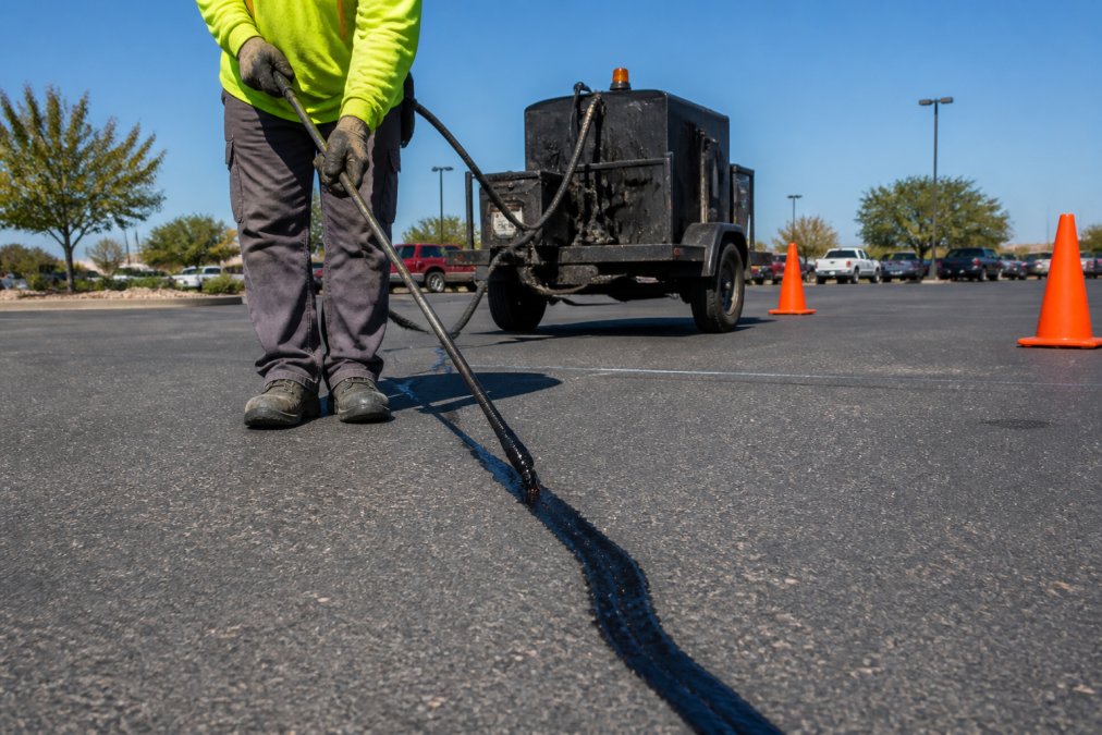 A close-up of a worker in safety gear using a wand to apply hot rubberized sealant into a long crack on a commercial parking lot, with a crack sealing kettle and traffic cones visible in the background under daylight