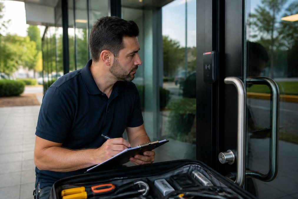 Security professional conducting physical access control audit at building entrance, examining credential reader, checking entry mechanism, reviewing access points with clipboard and inspection tools in daylight