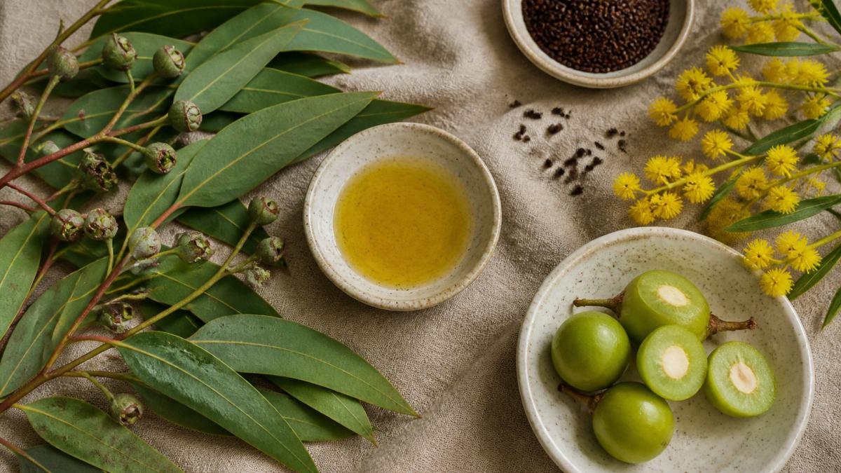 Overhead flat lay of fresh Australian native botanicals, including Kakadu plum, eucalyptus leaves and wattleseed, arranged on a neutral linen surface with a small ceramic bowl of botanical oil