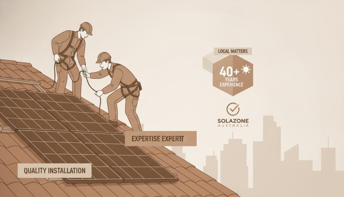 Solar panel installation team working on residential Australian roof with city skyline in background, showing professional installation quality and precision workmanship
