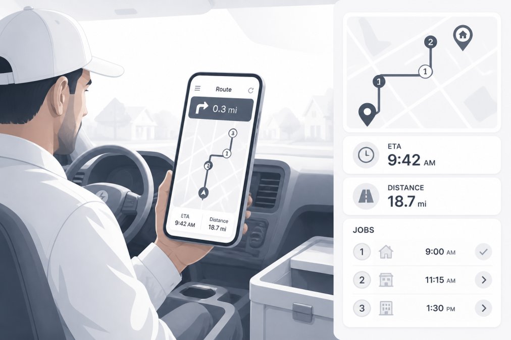 Field technician checking mobile phone in work truck with maps and route information visible on screen, showing real-time navigation and upcoming job locations