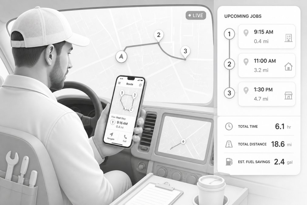 Professional illustration showing automated field service dispatching