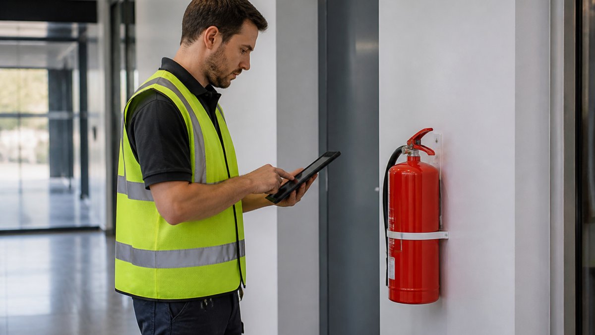 Technician using tablet for fire safety compliance inspection on a wall-mounted extinguisher in a corridor