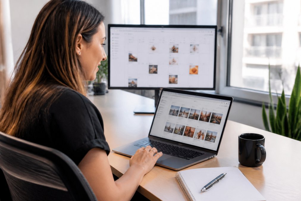 A marketing manager at a bright desk reviewing an influencer campaign dashboard on a laptop, with a notebook and coffee beside her, a second screen showing a creator calendar in the background