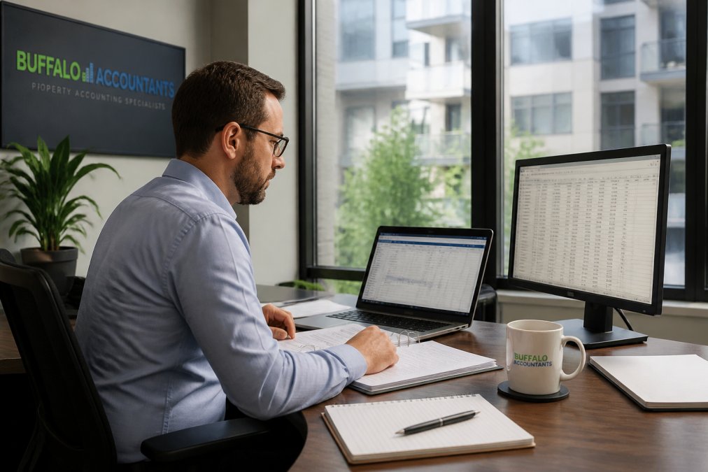 Property controller analyzing rent rolls and dashboards for property accounting integration in a modern office