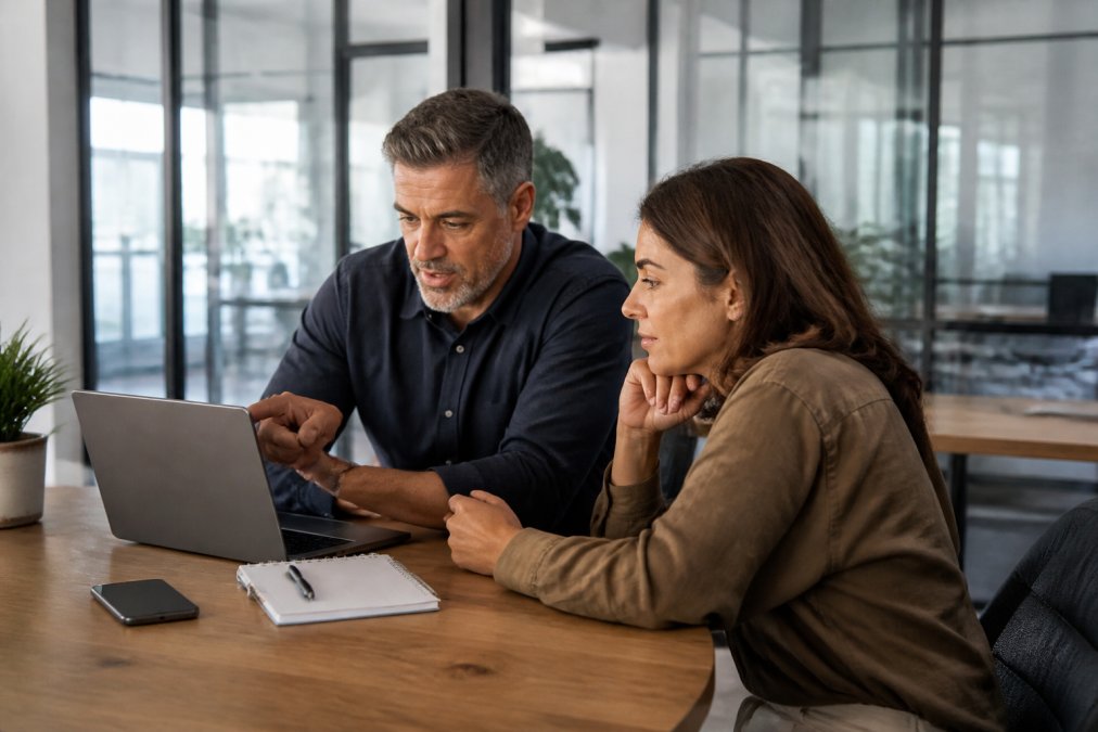 A service business owner and an operations manager reviewing a sales pipeline dashboard on a laptop in a bright office, with a phone and notepad on the desk