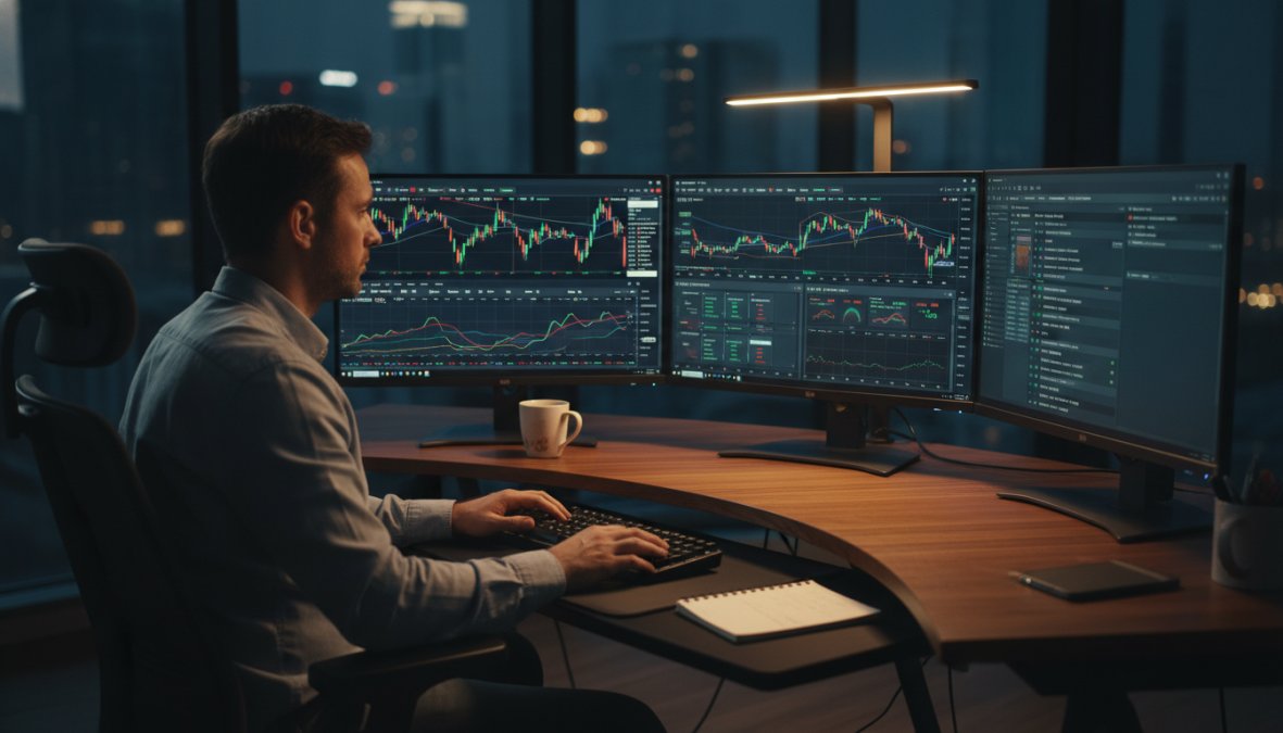 A focused trader at a multi-monitor desk displaying live Forex charts and trading dashboards in a modern home office at night, hands resting on keyboard, face illuminated by screen glow