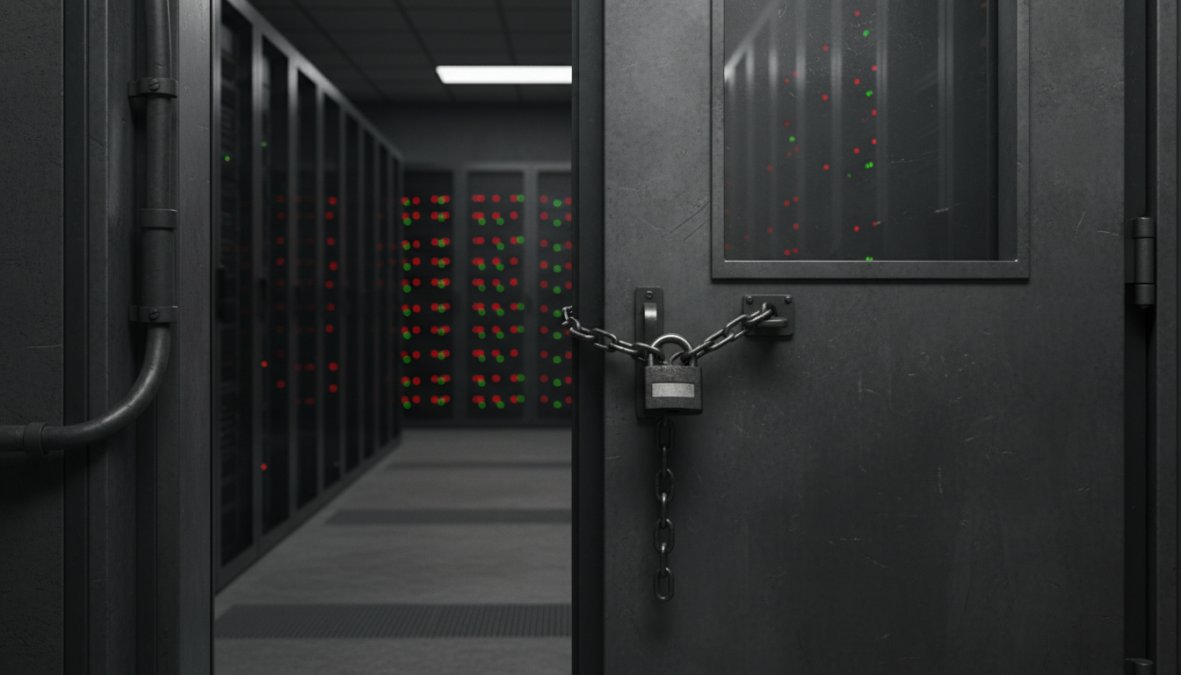 Close-up of a server rack with blinking blue and green LED lights in a dimly lit data center, cables neatly organized in the background, representing cloud hosting infrastructure for automated trading