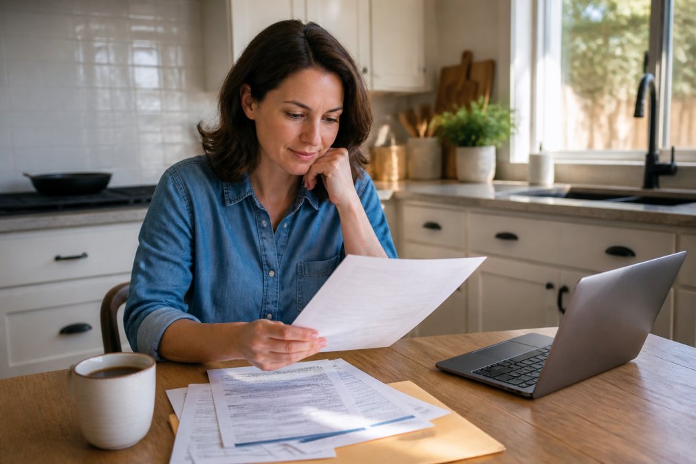 A person sitting at a kitchen table looking visibly relieved while reviewing bankruptcy paperwork, a laptop open beside a mug of coffee, morning light through the window