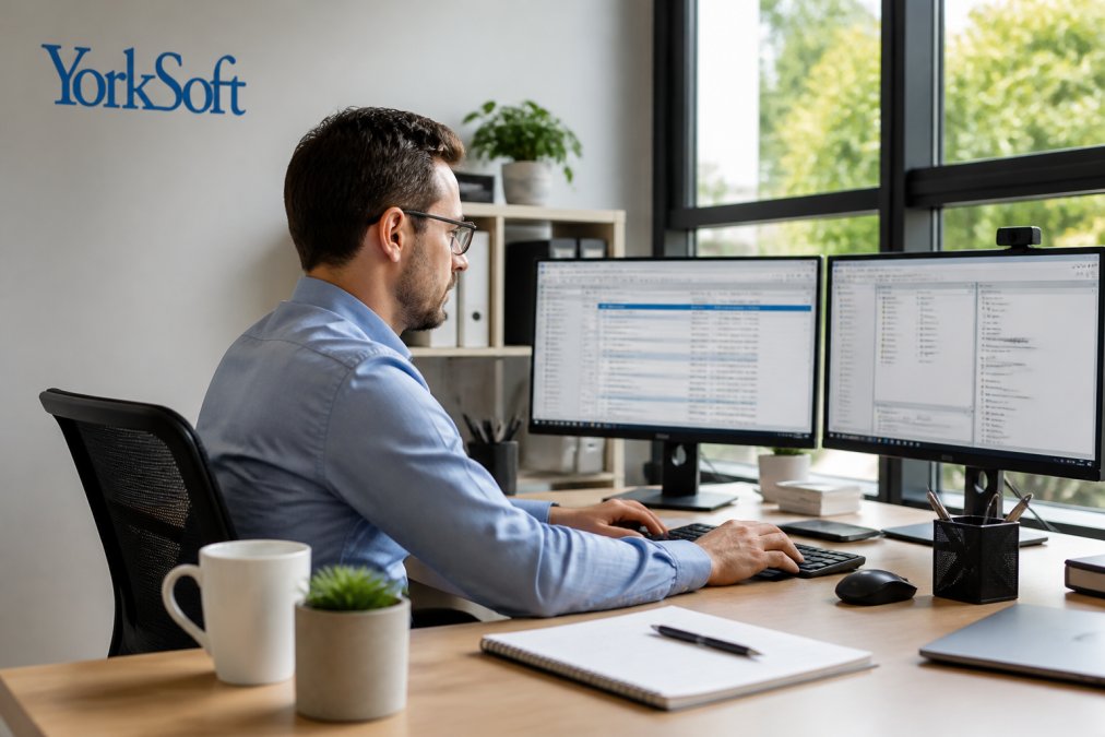 Professional reviewing workflow processes on dual monitors whilst automating repetitive administrative tasks