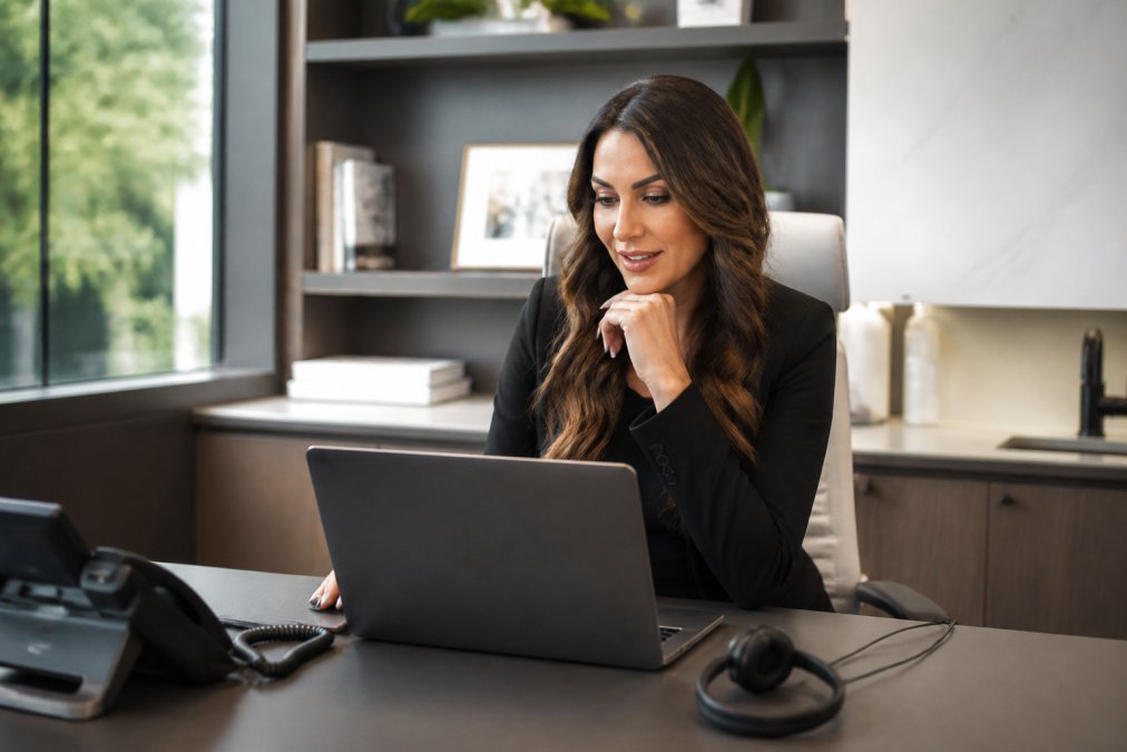 A sales manager at a med spa reviewing a laptop dashboard showing lead activity, with a headset and phone on the desk in a bright modern office