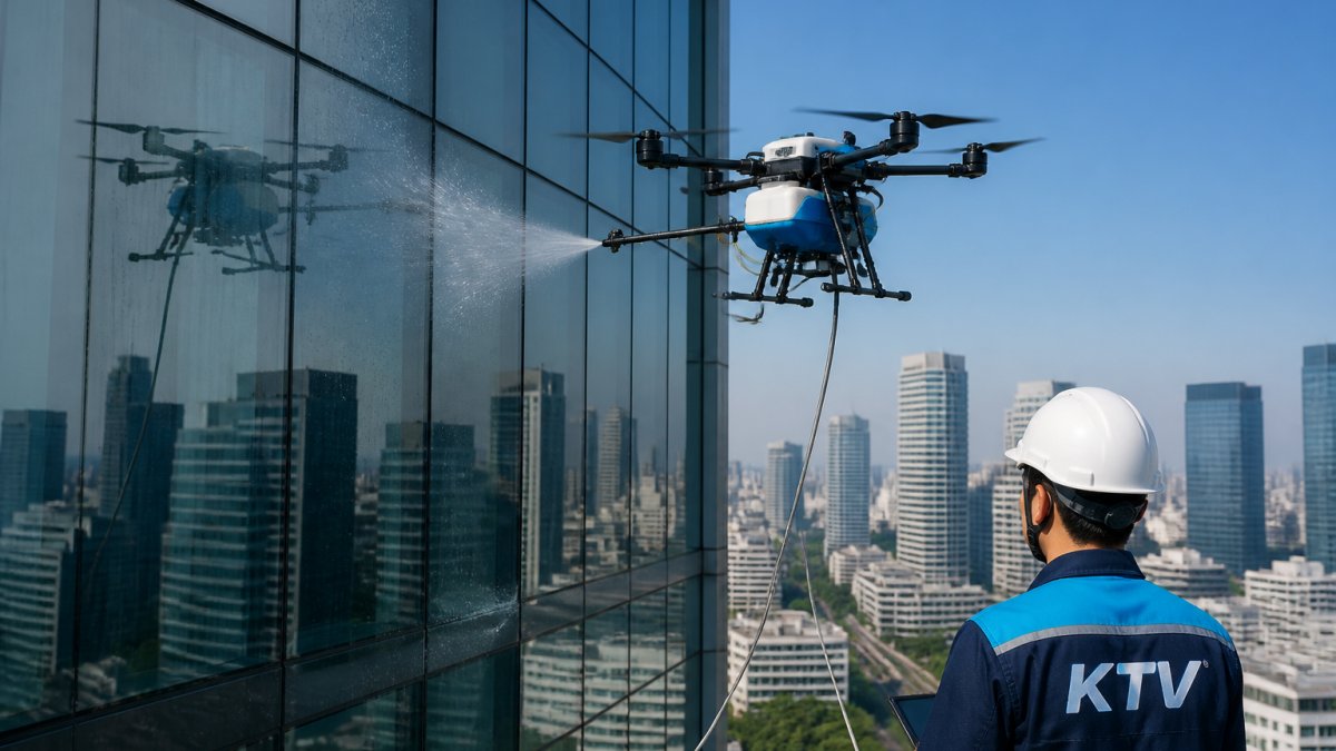 A drone performing autonomous facade cleaning on a modern high-rise office building against a blue sky.