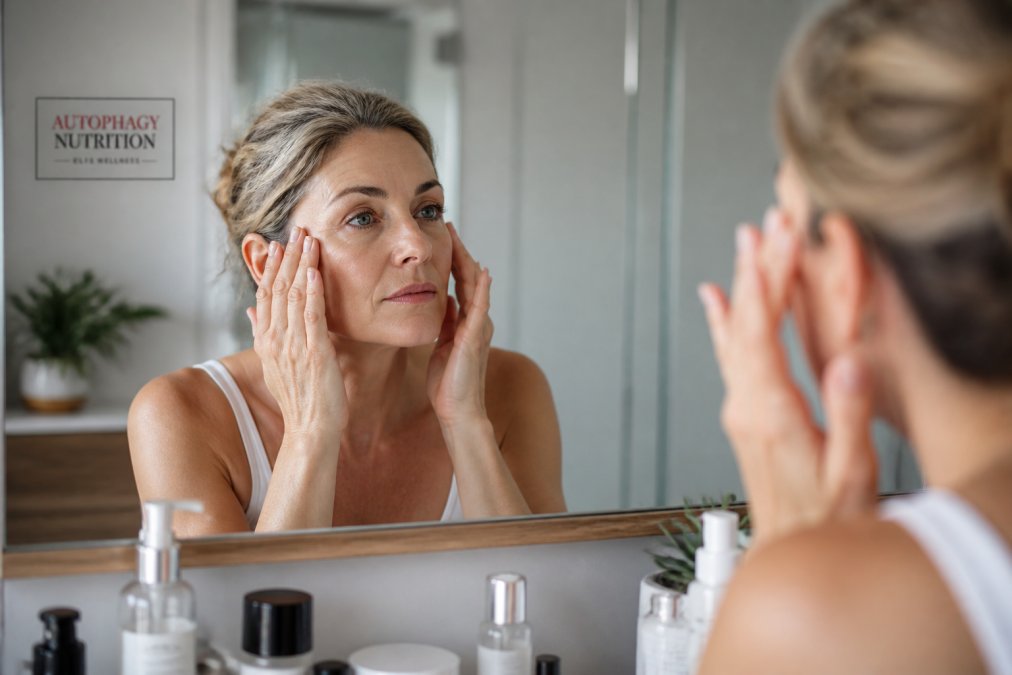 Woman in her 50s examining her skin in a mirror to see the benefits of autophagy for skin anti-aging 2026
