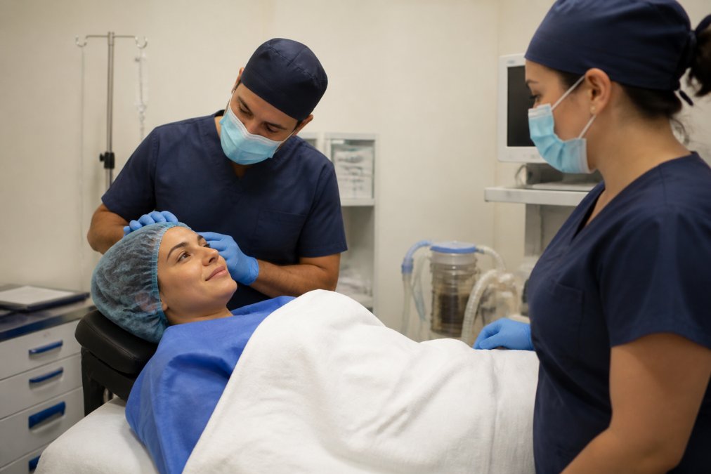 Diagram showing the step-by-step process for managing comfort during an awake cosmetic surgery procedure.