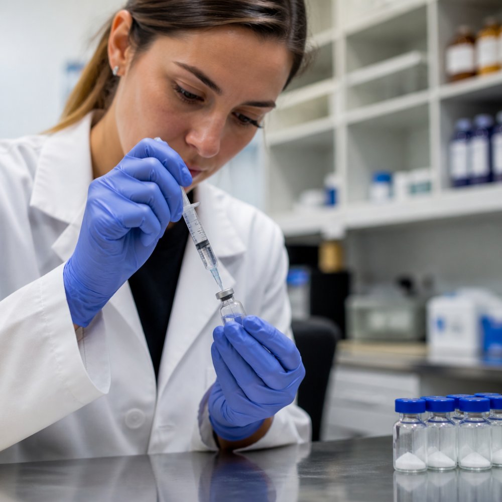 Professional demonstrating careful measurement and injection of bacteriostatic water into lyophilized peptide vial using sterile syringe with proper aseptic technique in clinical laboratory setting