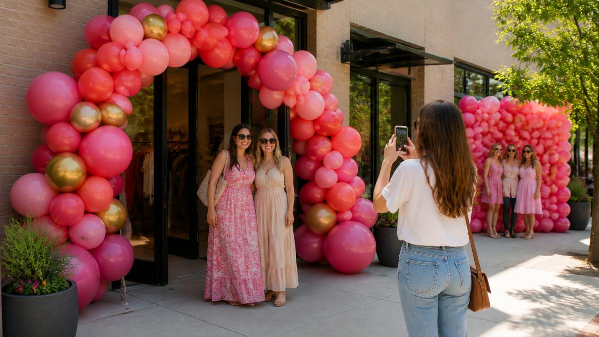 A vibrant retail store entrance with a large custom balloon arch in brand colors, shoppers stopping to take photos in front of a balloon backdrop, warm afternoon light on the sidewalk
