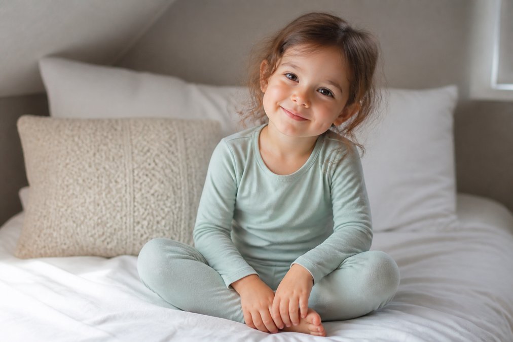Close-up of a young child in soft bamboo pajamas, sitting comfortably on a bed, skin looking calm and healthy, warm natural lighting