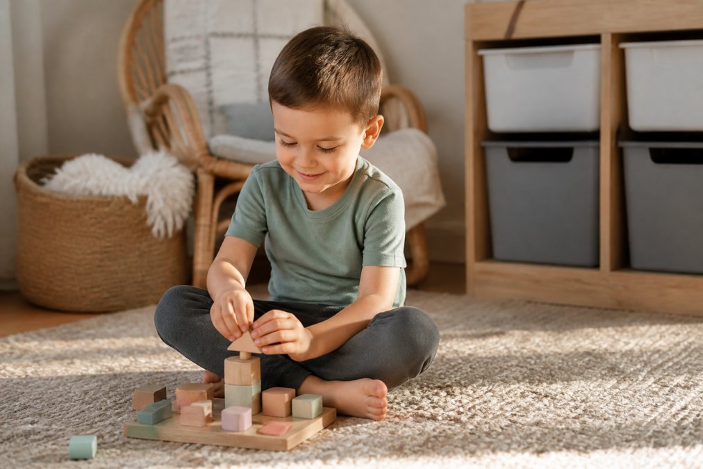 A child with a relaxed, happy expression wearing a tag-less bamboo shirt, playing quietly on a soft rug in a cozy home setting, warm afternoon light
