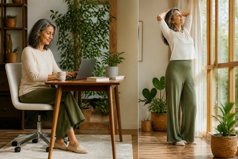 A mature woman in her 50s wearing a flowing bamboo blend flare pant in olive green, sitting comfortably at a bright home office desk with a laptop, then standing and stretching near a sunlit window surrounded by plants