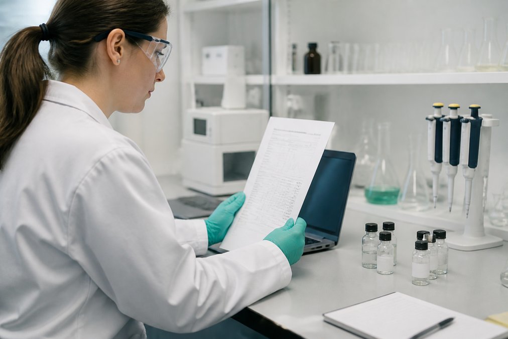 A researcher in a white laboratory coat examining a printed certificate of analysis beside a laptop displaying analytical data, with glassware and a pipette stand in the background under cool overhead lighting