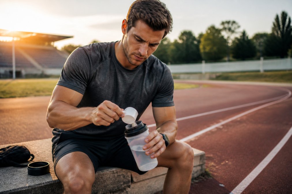 A runner in athletic gear mixing BCAA supplement powder into a water bottle at an outdoor track, early morning light, focused expression