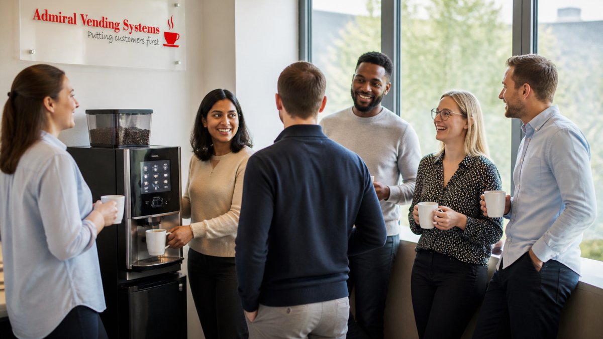 Diverse office team chatting and enjoying the benefits of bean to cup machines for employees during a coffee break