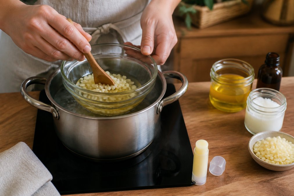 Hands melting beeswax in a double boiler to enjoy the benefits of beeswax in skincare at home