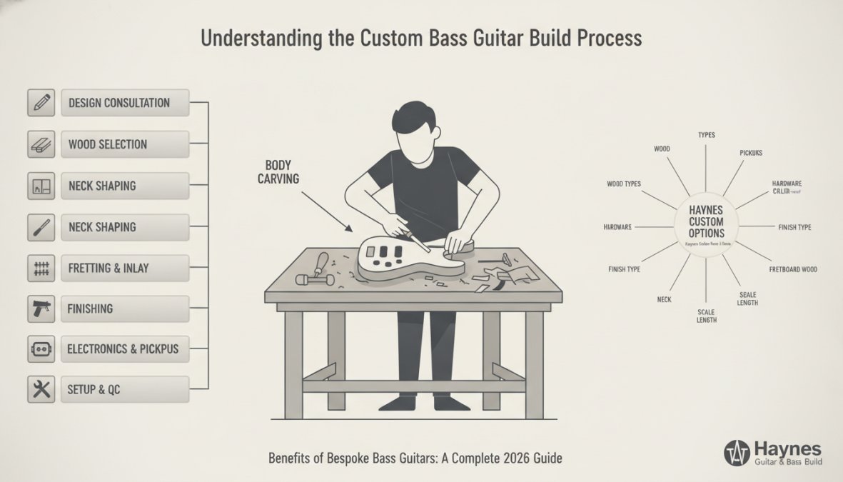 Luthier working at a wooden workbench with hand tools, carefully carving and shaping a bass guitar body from a block of tonewood, with wood shavings scattered across the surface and natural workshop lighting