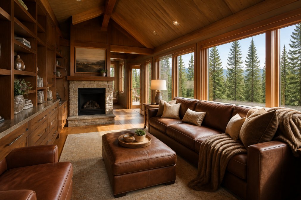 Luxurious cabin interior featuring custom bespoke cabinetry with warm wood tones, tailored leather seating, and architectural detailing in soft natural lighting from large windows overlooking forest landscape