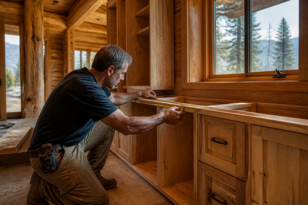 Craftsperson carefully measuring and fitting custom bespoke cabinetry in rustic cabin space, with detailed architectural detailing visible, warm wood finishes, and natural light streaming through windows