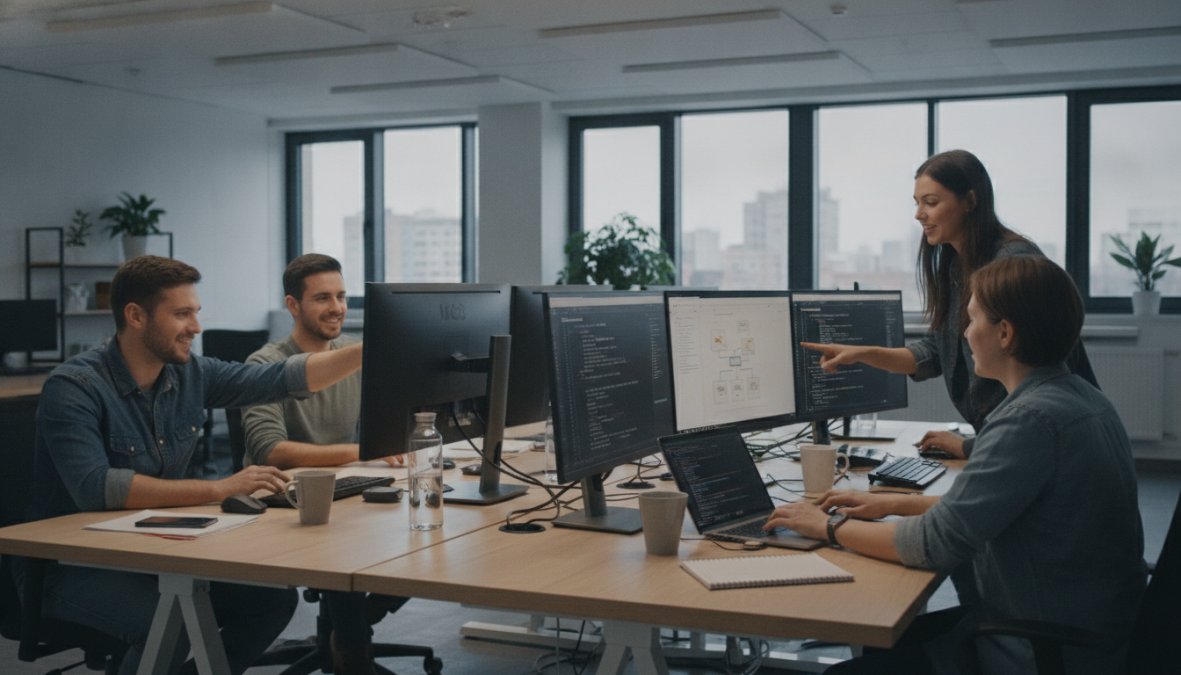 Software development team collaborating at desk with multiple monitors displaying code and application interfaces in modern office environment