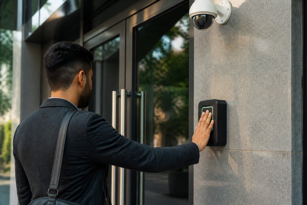 Employee using a fingerprint scanner for biometric access at a modern office building entrance