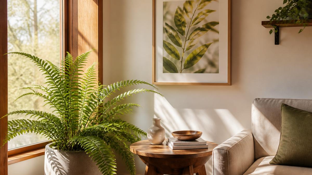 A sunlit living room corner with a large potted fern, a wooden side table, and a framed botanical art print on the wall, warm natural light streaming through a window