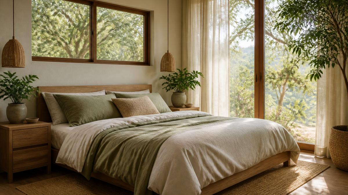 Serene bedroom with large windows overlooking trees and natural landscape, potted plants on wooden nightstands, natural wood furniture, soft warm natural light streaming through sheer curtains, earth-tone bedding in neutral colors, and minimal clutter creating a peaceful retreat