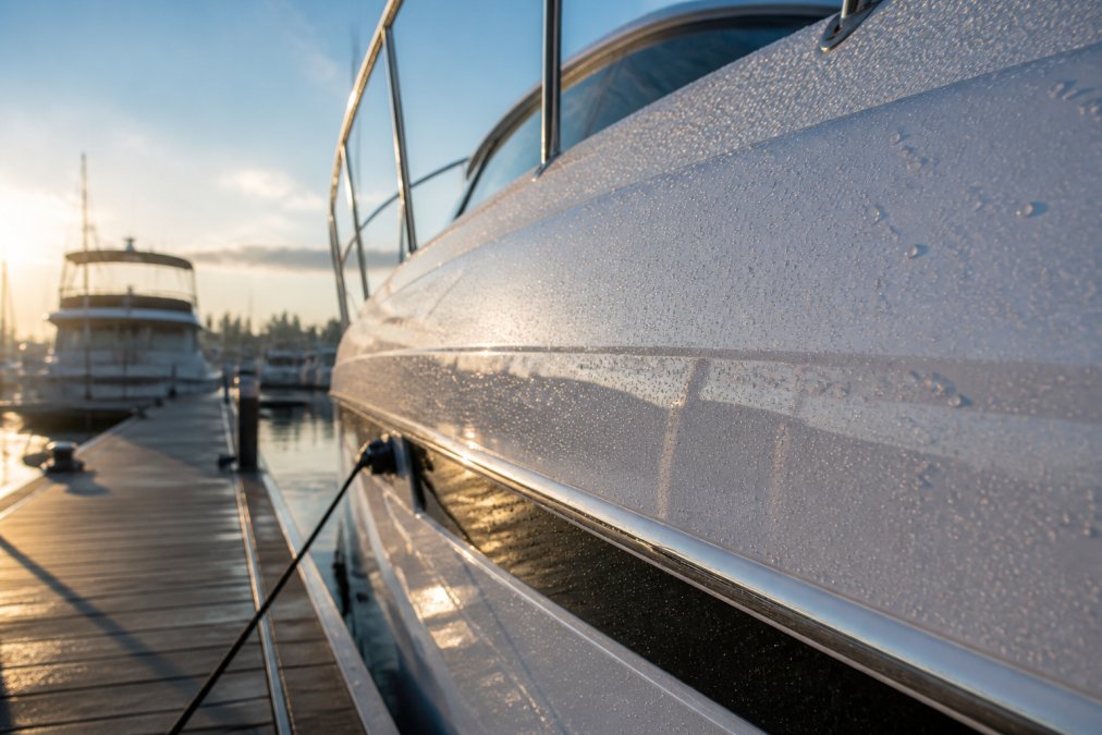 A white fiberglass boat hull at an Ontario marina with tight water beads resting on a glossy coated gelcoat surface, soft morning light reflecting off the finish