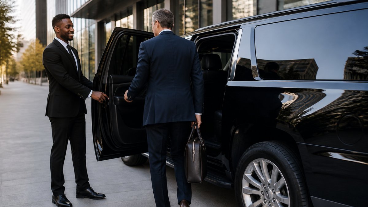 A professional chauffeur in a black suit standing beside a black luxury SUV outside a modern Charlotte office building, holding the rear passenger door open for a business traveler with a briefcase, late afternoon light