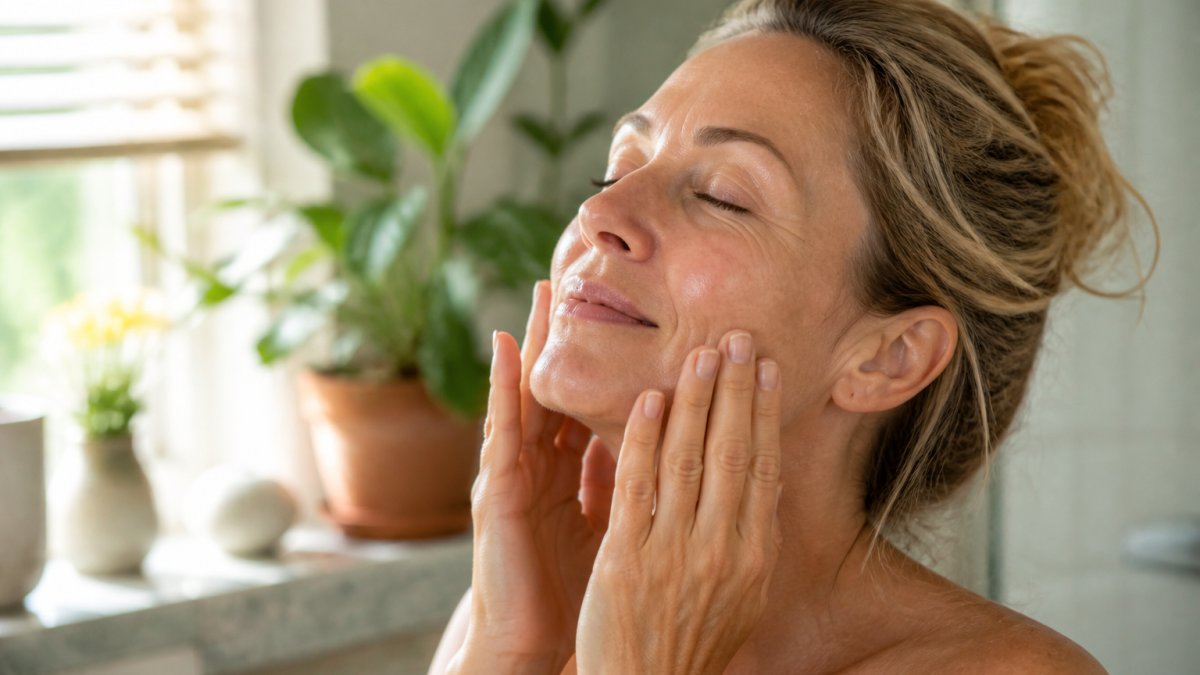 Person gently massaging botanical face oil into glowing skin with upward motions in natural morning light